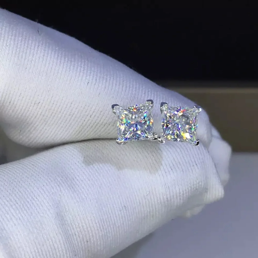4-7mm Square Cut VVS Diamond 925 Silver Pin Studs